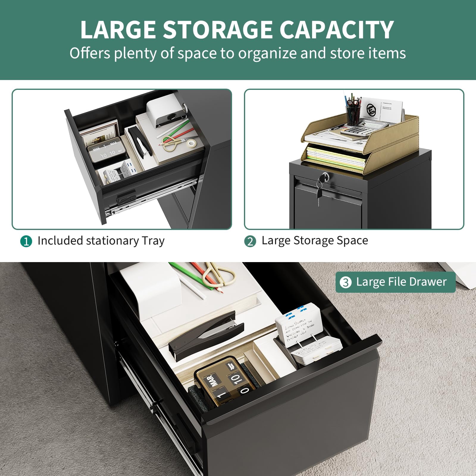 Danolapsi File Cabinet, 3-Drawer Metal File Cabinet with Lock, Legal/A4 Folders for Home, Office, Assembly Required