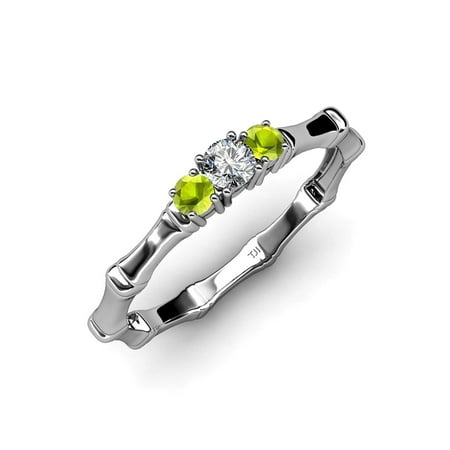 

Peridot with Center Diamond (SI2-I1 G-H) Three Stone Bamboo Ring 0.32 ct tw in 14K White Gold.size 7.0