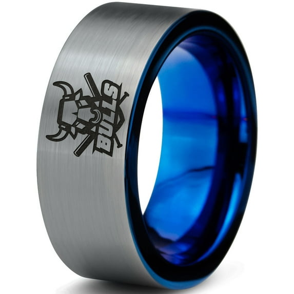 Tungsten Bulls Band Ring 8mm Men Women Comfort Fit Blue Flat Cut Brushed Gray Polished