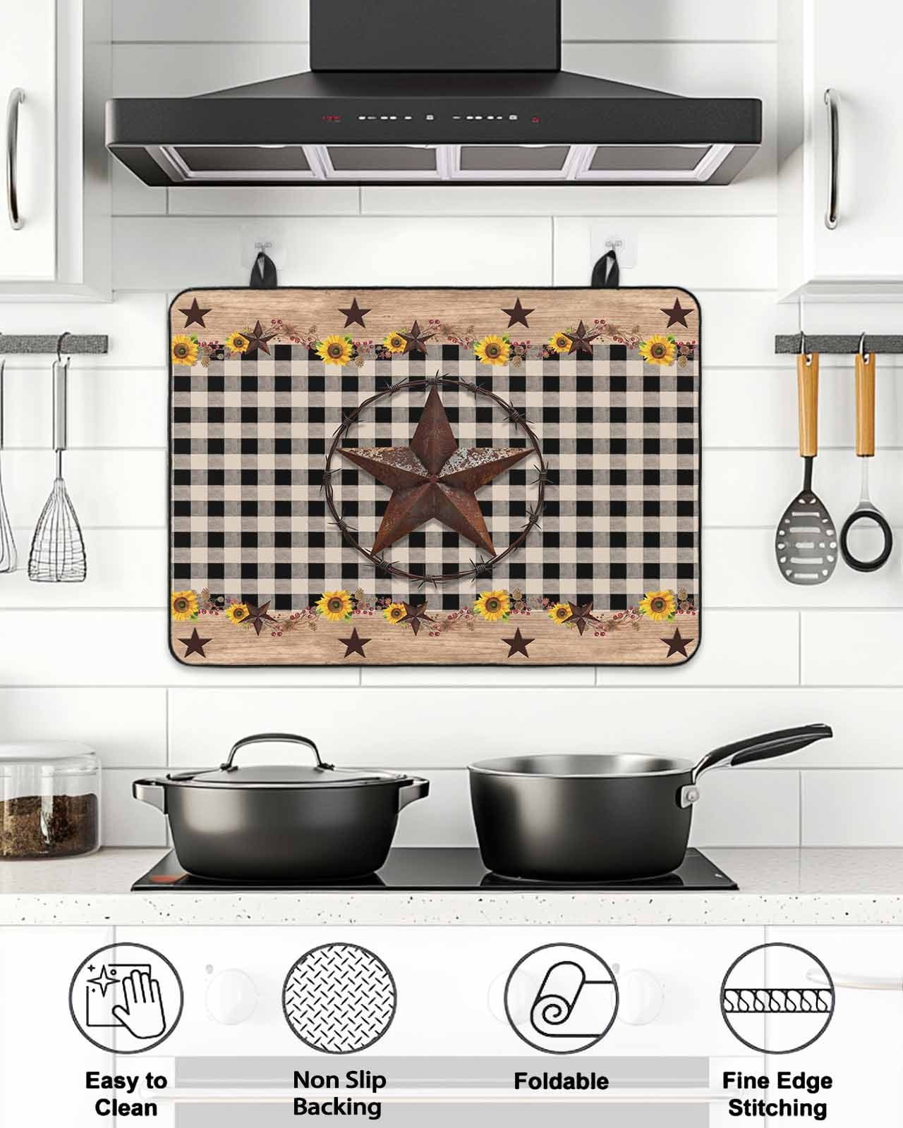 Stove Top Covers for Electric Stove, Texas Star Glass Stovetop Cover Protector, Farmhouse Country Sunflower Black Plaid Induction Cooktop Protector Oven Mat for Kitchen Countertop 24"x21"