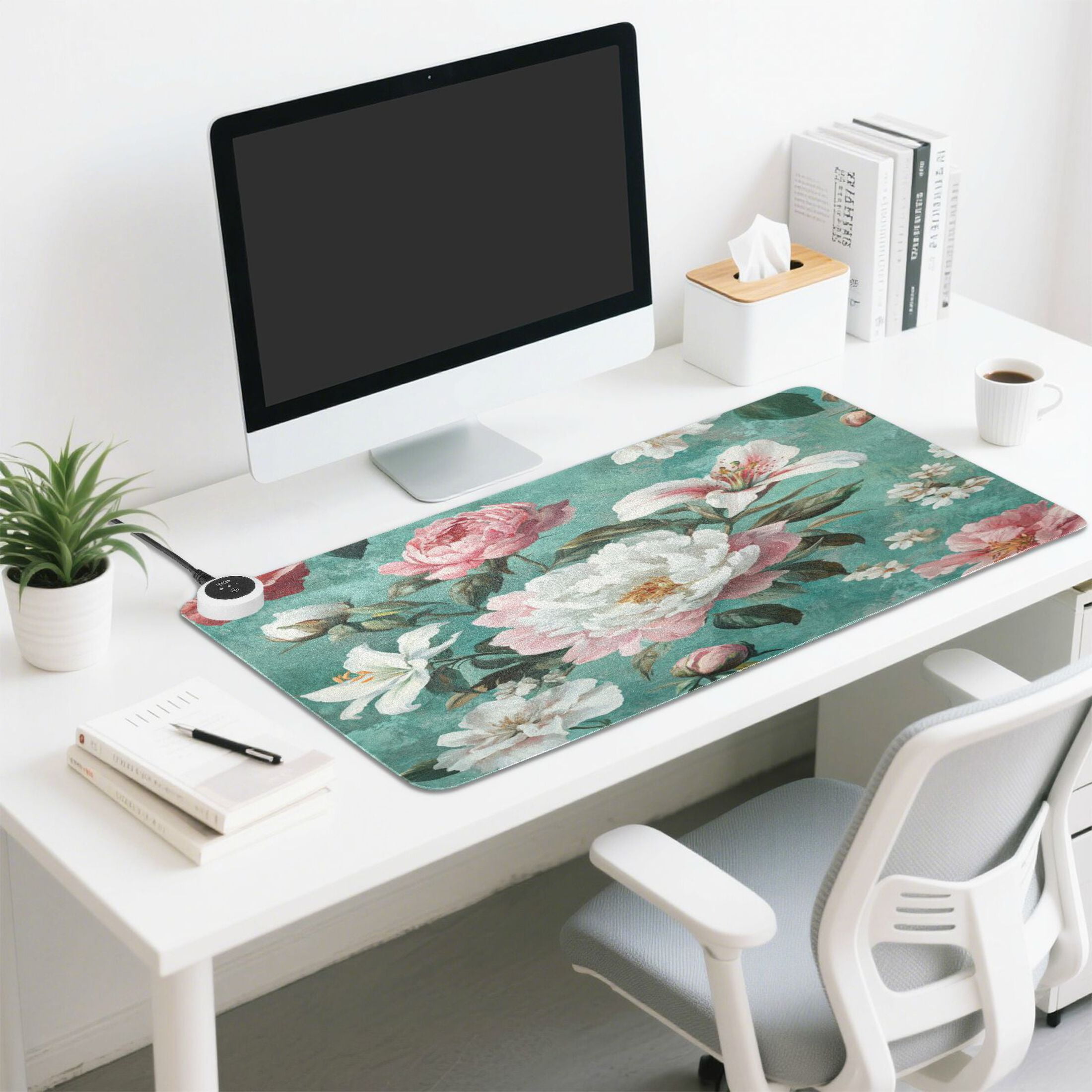 Wobogo Rococo Florals Heated Mouse Pad Extra-Large Desk Mat With 3 Heating Levels and 3-hour Auto Shut-Off Protection Ideal for Computer Keyboards Home Office Hand-warming Essential 31.5in × 13in