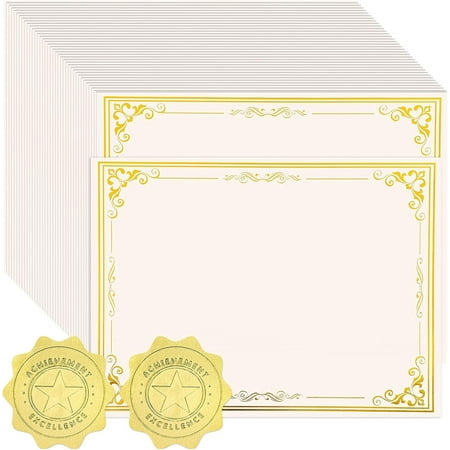 100 Sheets Certificate Paper with 100 Pcs Gold Seal Stickers, 8.5 × 11'' Printable Award Certificates for Graduation Marriage, Business Awards, Employee Recognition, Teacher Appreciation Certificates