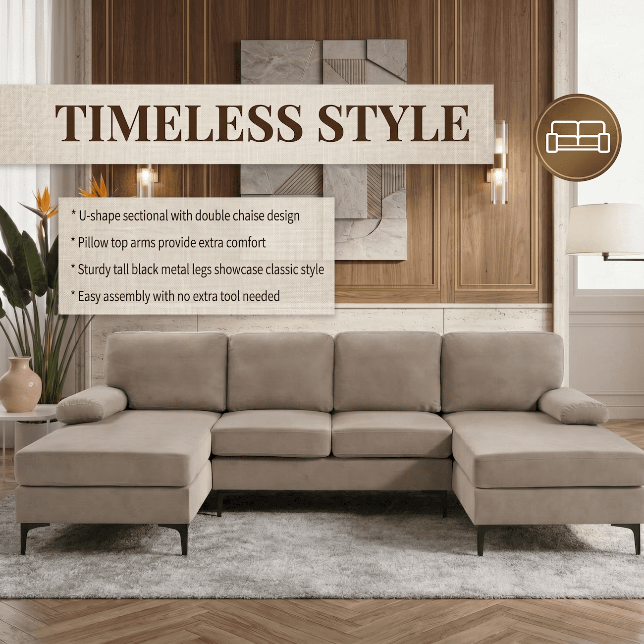106" Cloud Sectional Sofa, U Shaped Sectional Couch with Double Chaise Lounge, Large 4 Seat Modular Sofa, Deep Seat Upholstered Fabric Couch with Pillow Top Arms, Modern Living Room Furniture, Khaki