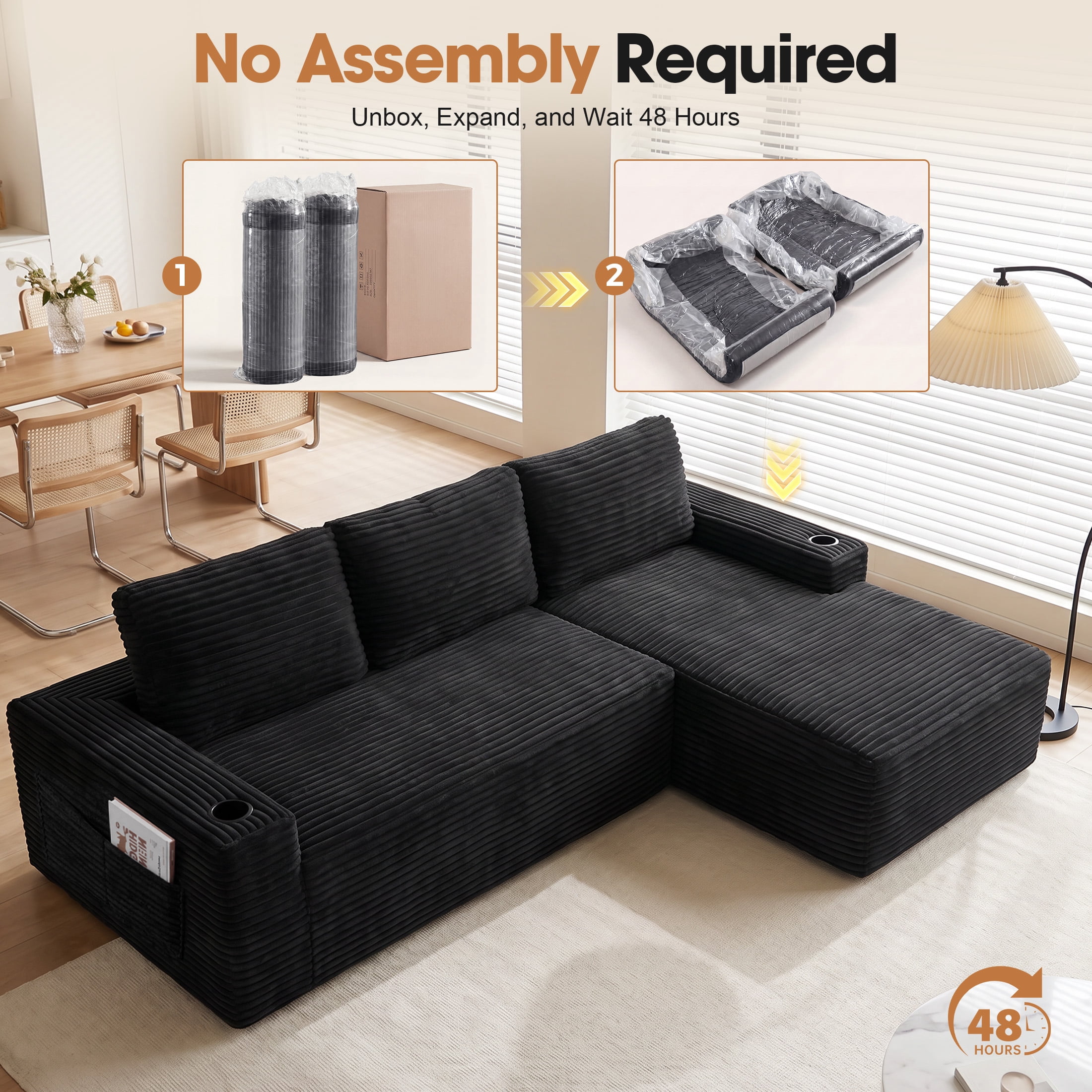 Aenkyo 104 Inch Corduroy L-Shaped Cloud Sectional Sofa with Right Facing Chaise and Cup Holders, Black