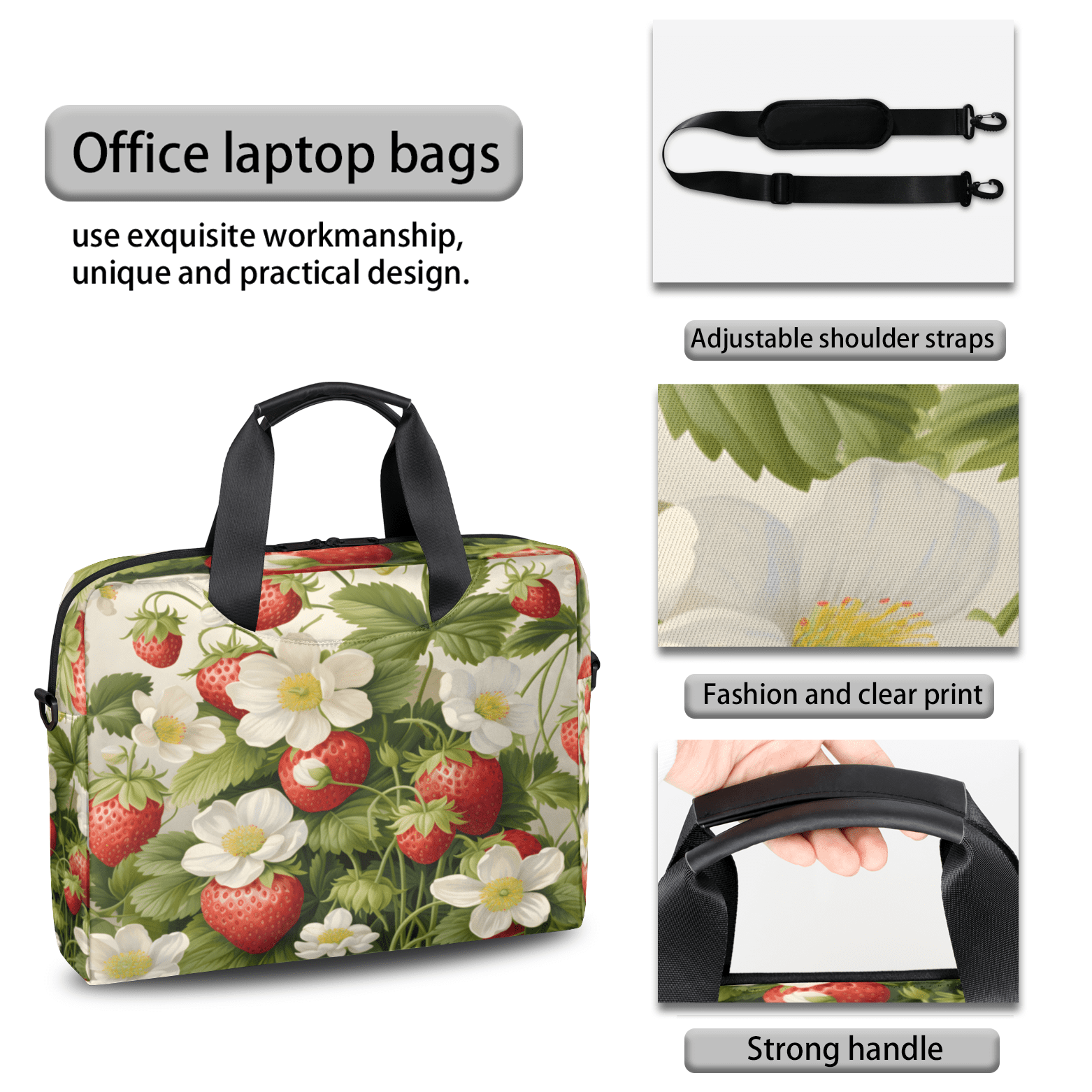 Herdesigns Cute Strawberry Fruit Laptop Bag for Women Men, Computer Case Briefcase Messenger Bags, 15-15.6 inch Laptop Sleeve Shoulder Bag