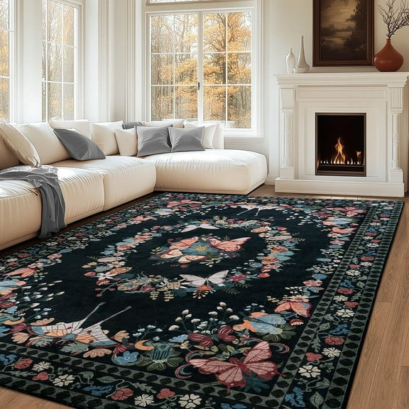 8x10 Washable Area Rugs for Living Room, Soft Low Pile Butterfly Insect Floral Printed Rug, Ultra-Thin Stain Resistant Large Indoor Carpet for Bedroom Office Dining Room, Non-Slip Easy Care, Black
