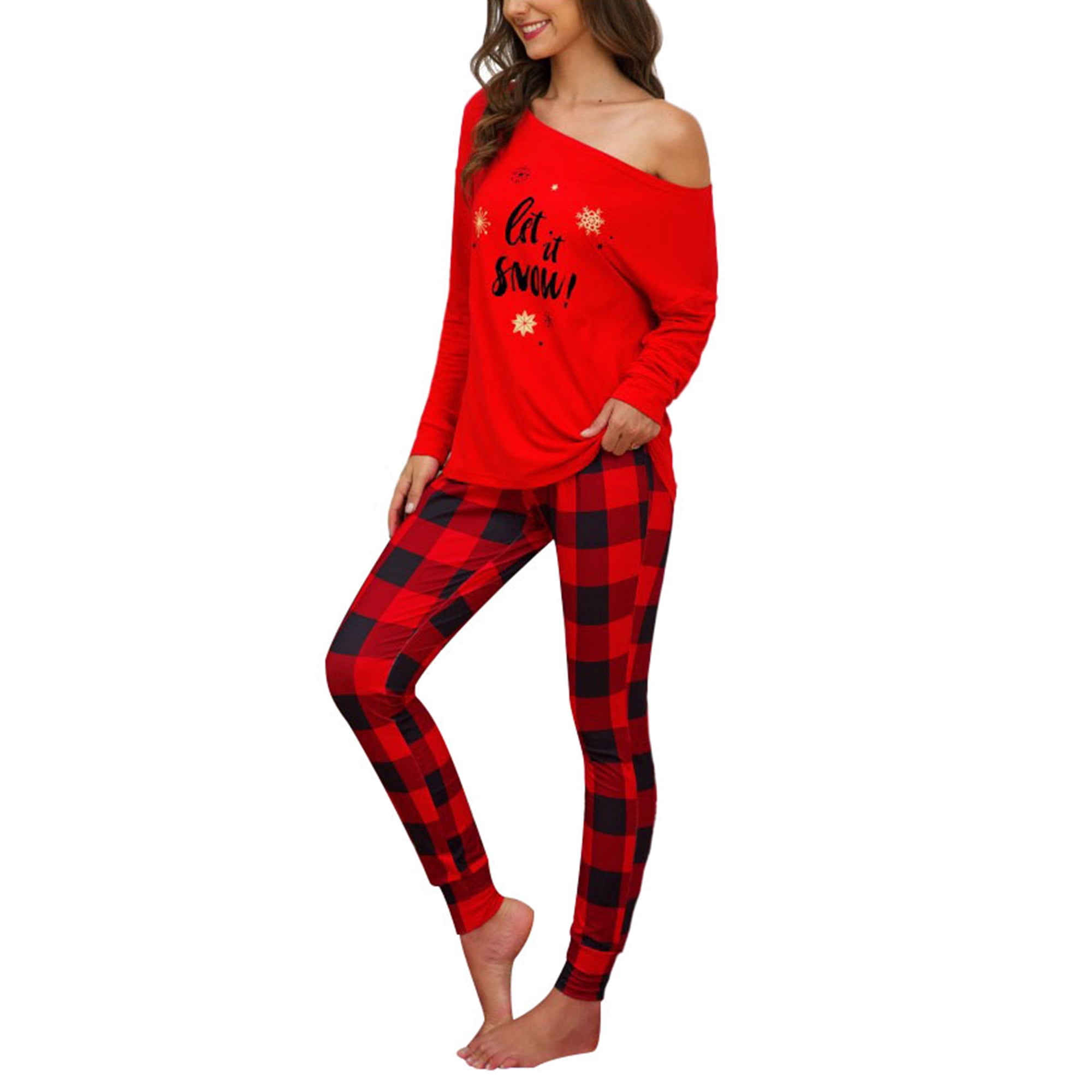 Christmas Pajamas Set for Women Ladies Long Sleeve Sexy Off Shoulder Sleepwear Nightwear 2Pcs Tops Plaid Pants Ladies Xmas Lounge Suit