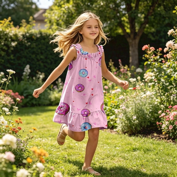 lnmuld Girls Donut Print Ruffle Strap Sleeveless Dress Size:9-10 Years