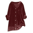 thumbnail image 3 of Loopsun Fall Tops for Women, Womens Long Sleeve Shirts, Women's Loose Button Velvet V-Neck Long Sleeve Tunic Blouse with Pocket Wine XXXXXL, 3 of 5