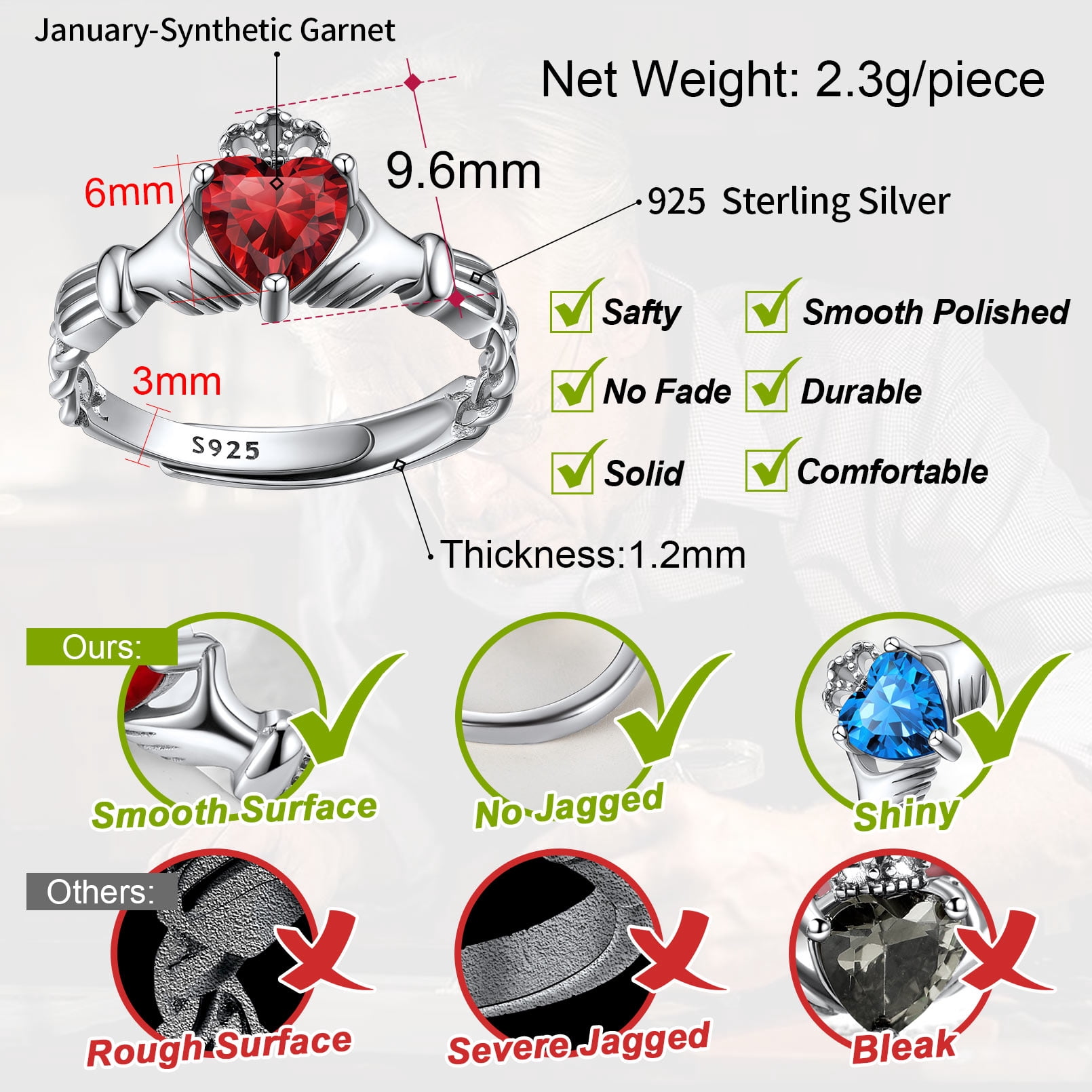 FaithHeart Irish Claddagh Heart Promise Ring for Women 925 Sterling Silver Garnet January Birthstone Celtic Knot Ring Adjustable Wedding Band Jewelry Gift for Wife Anniversary