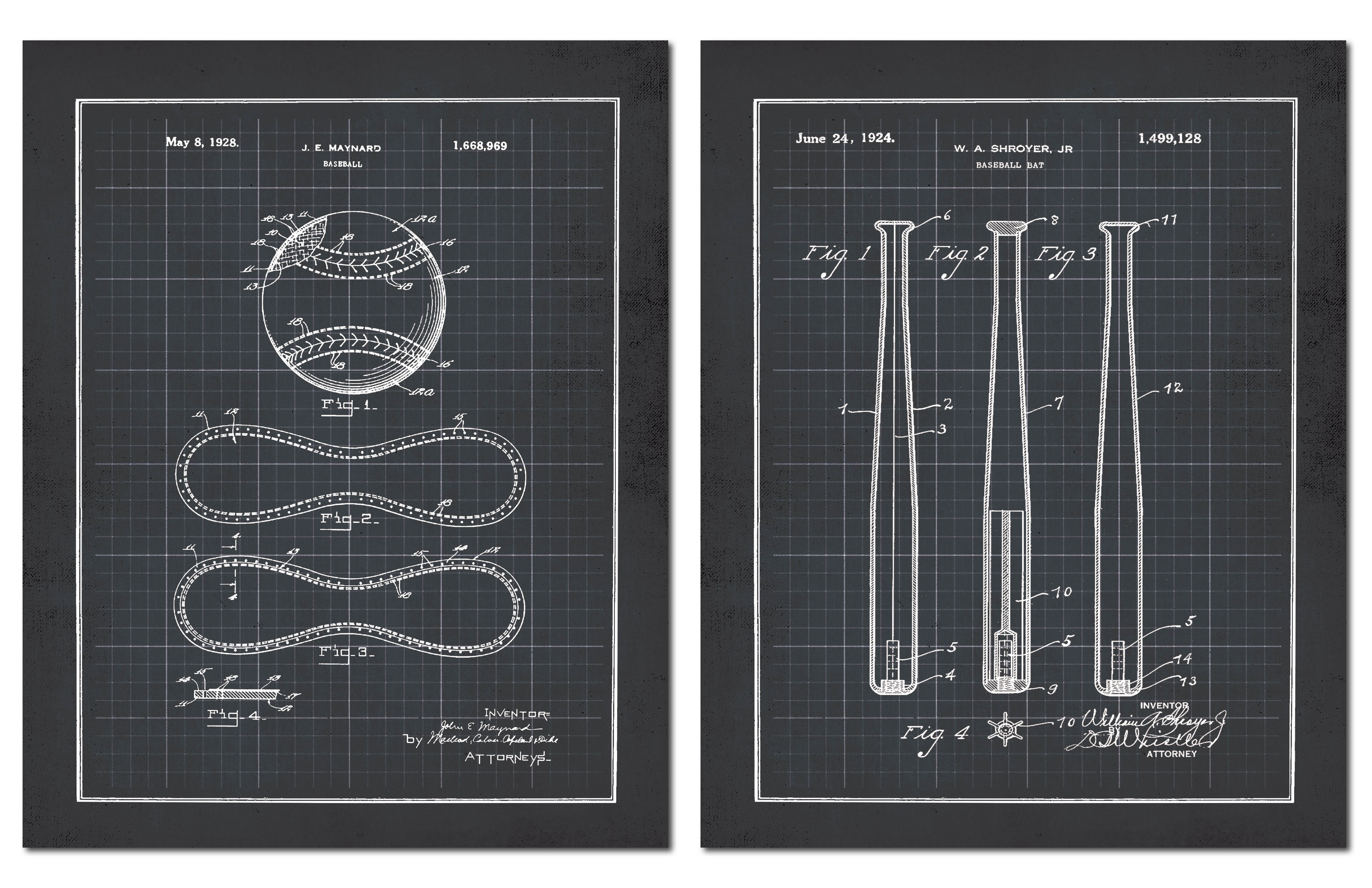 Black and White Baseball, Mit and Bat Blueprint Set; Three 11x14in