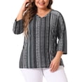 thumbnail image 1 of Blusas de mujer de tallas grandes Agnes Orinda, camiseta de punto de cuello en V y manga 3/4, rayas bohemias, 3X negra, 1 of 5
