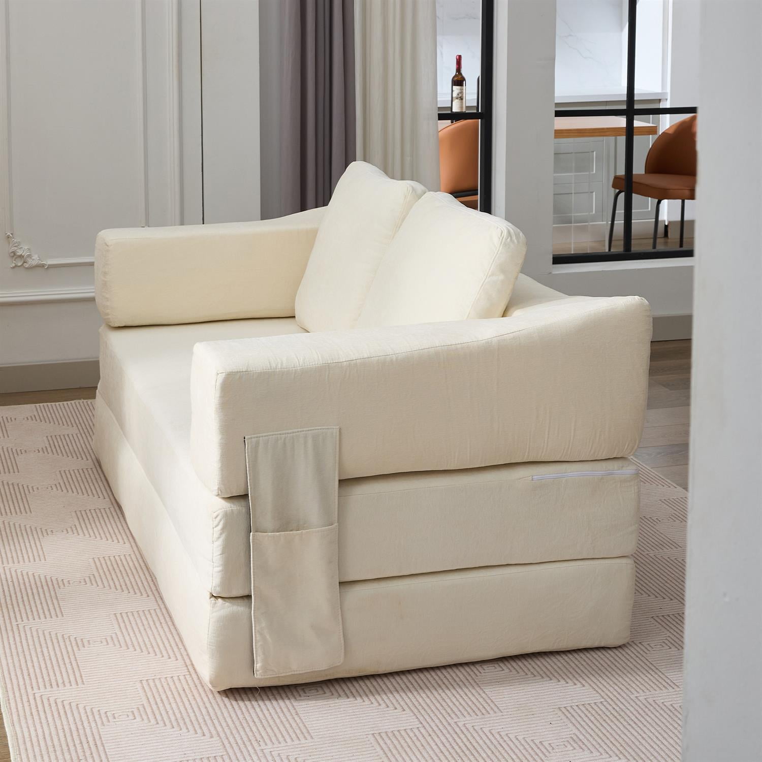 Demi Bonn 70" Modern Minimalist Convertible Sofa Bed, Fold-Out Sofa Chair, Versatile Floor Couch & Mattress for Living Room, Bedroom, Apartment, Removable Backrest, White