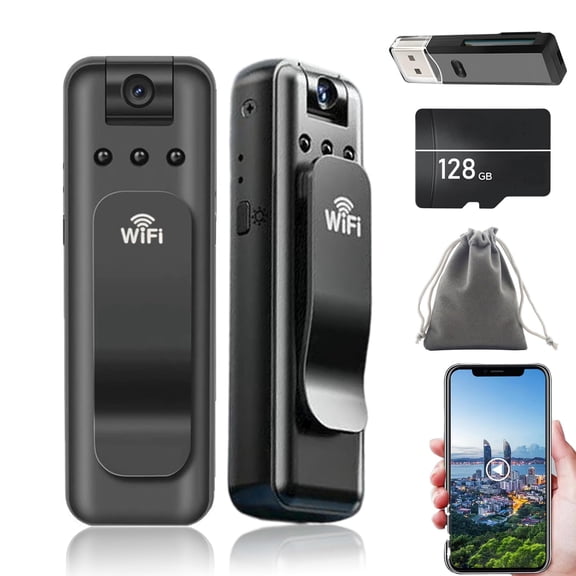 Infrared Night Vision Portable Recorder, 1080p Wearable Mini Body Camera Video Recorder with 180° Rotatable Lens and WiFi for Cycling, Travel, Home Security, Outdoor Activities (128GB Card)