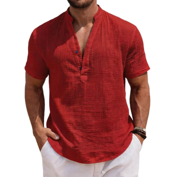 Gaukiv Men's Band Collar Shirts Short Sleeve Linen Blouses Relaxed Tops Wine M