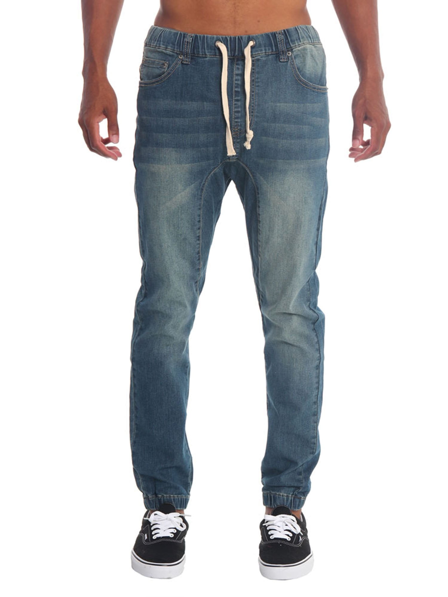 Men Fashion Elastic Waist Jeans Teen Boys Slim Fit Vintage Wash Drop Crotch Biker Jogger Denim Pants Trousers