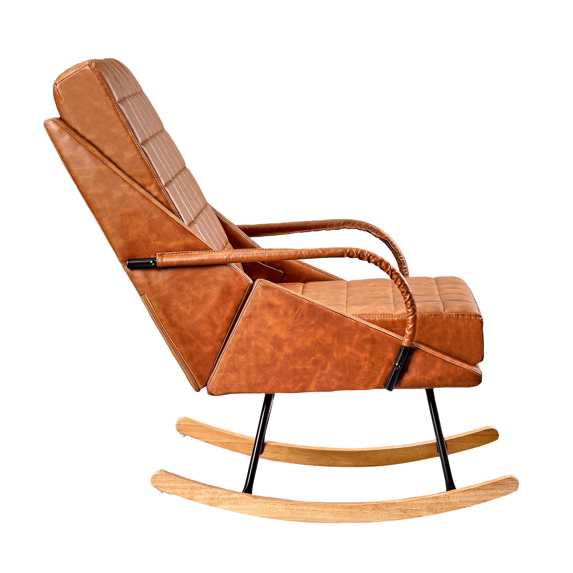 VECELO Nursery Rocking Chair with High Backrest, PU Leather Comfortable Rocker with Padded Seat for Living Room, Bedroom, Brown