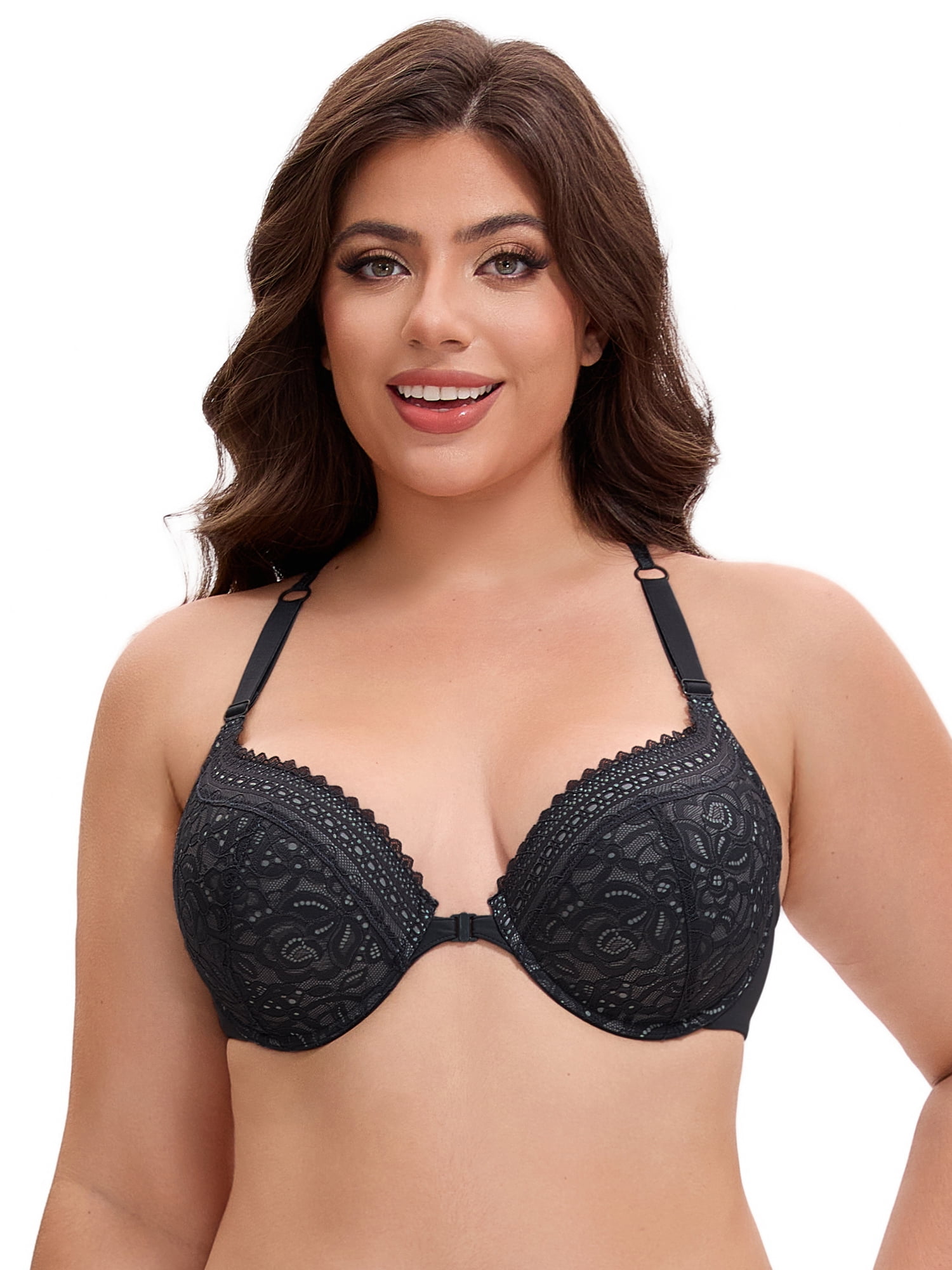 Unique Bargains Women's Lace Front Closure Push Up Underwire Bras Black 40 C