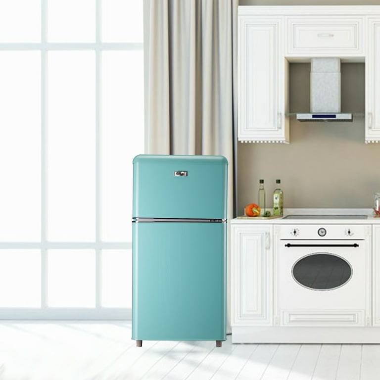 3.5 Cu.Ft Compact Refrigerator Wanai Dual Doors Mini Fridge with Freezer Blue Removable Glass Shelves, Size: (W) 17.48 x (D) 17.52 x (H) 35.62 inch