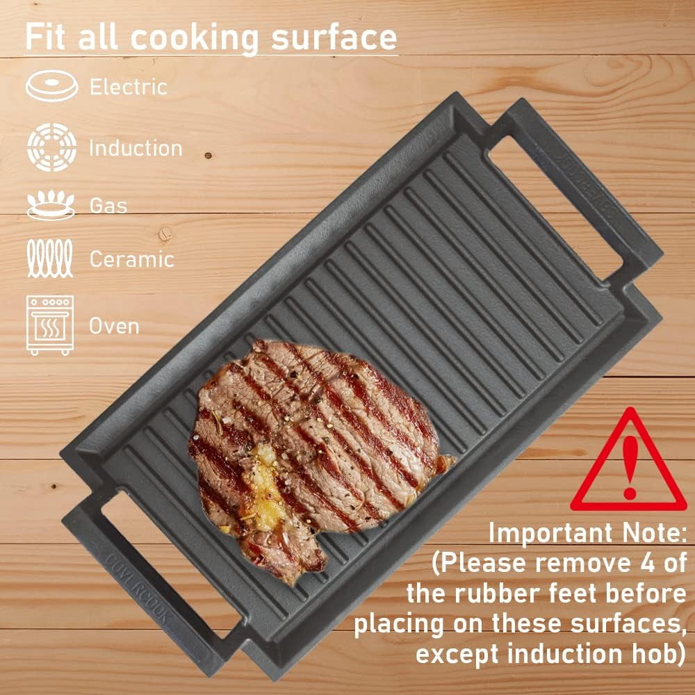 Cast Iron Griddle Pan with 2 Handles, Rectangular Grill for Induction Electric Cooktop, 16 x 9inch