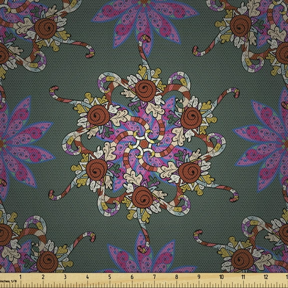 Mandala Fabric by the Yard Upholstery, Floral Composition with Oriental Arrangement of Colorful Abstract Curved Shapes, Decorative Fabric for DIY and Home Accents, 10 Yards, Multicolor by Ambesonne