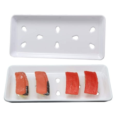Ebros Gift Japanese Raw Food Preparation And Storage White Neta Zara Melamine Sushi Sashimi Chef Serving Plate With Drip Holes For Sushi Case 8.25