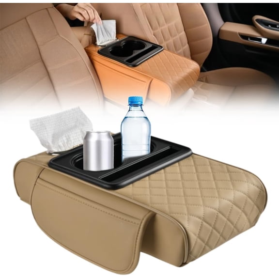 5-in-1 Faux Leather Car Center Console Cover, Armrest Pad w/ 2 Storage Pockets, Cup/Tissue/Phone Holders for Universal Interior (A-01)