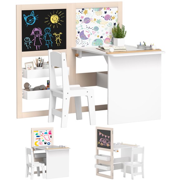 Qaba 3 in 1 Kids Table and Chair Set with Foldable Easel, Storage Shelves