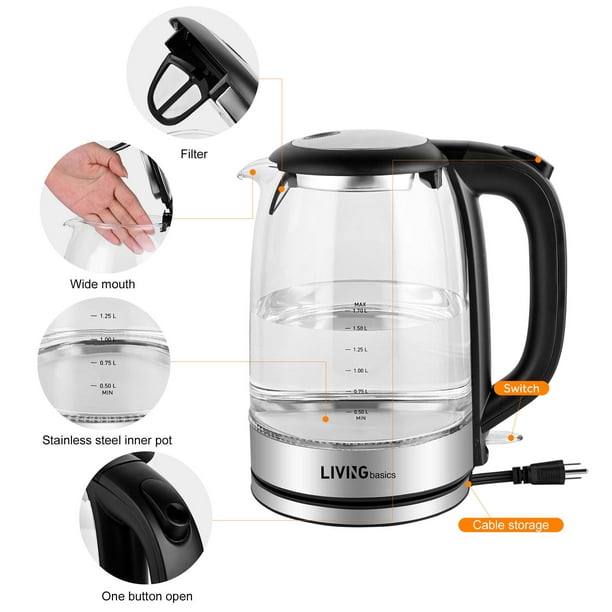 1.7L Electric Kettle 1500W Glass Water Boiler with Auto Shut-Off