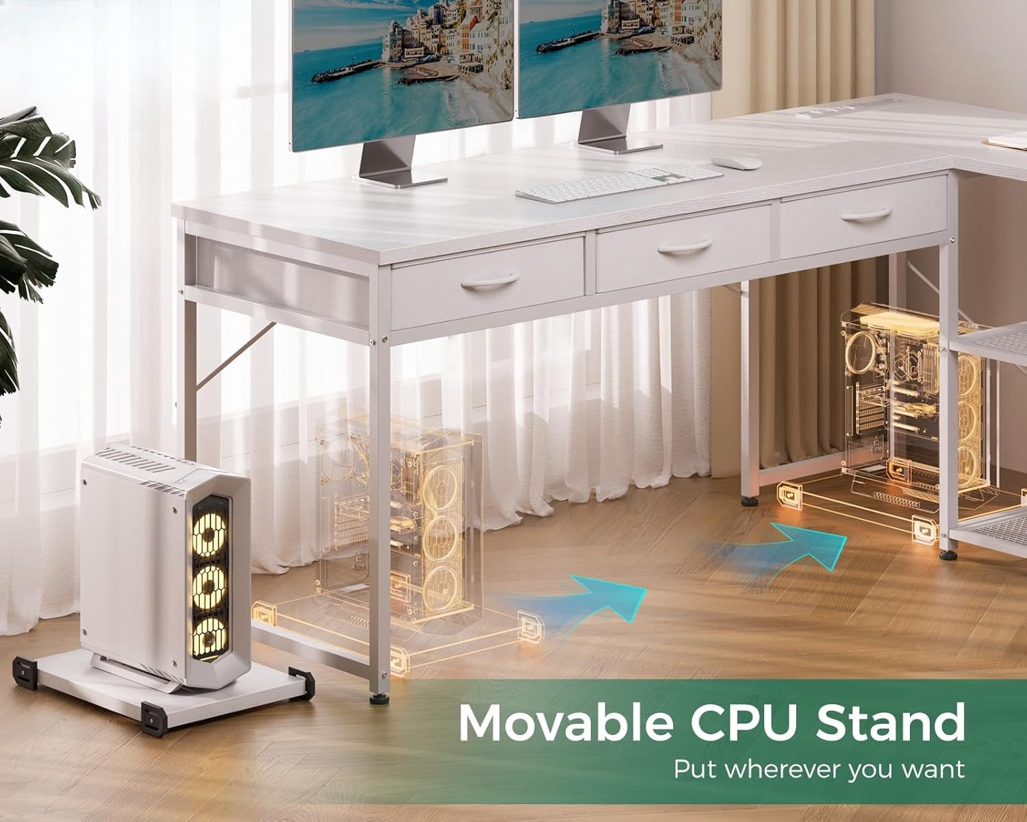 53 Inch L Shaped Computer Desk with Drawers, Power & Reversible Storage Shelves, White