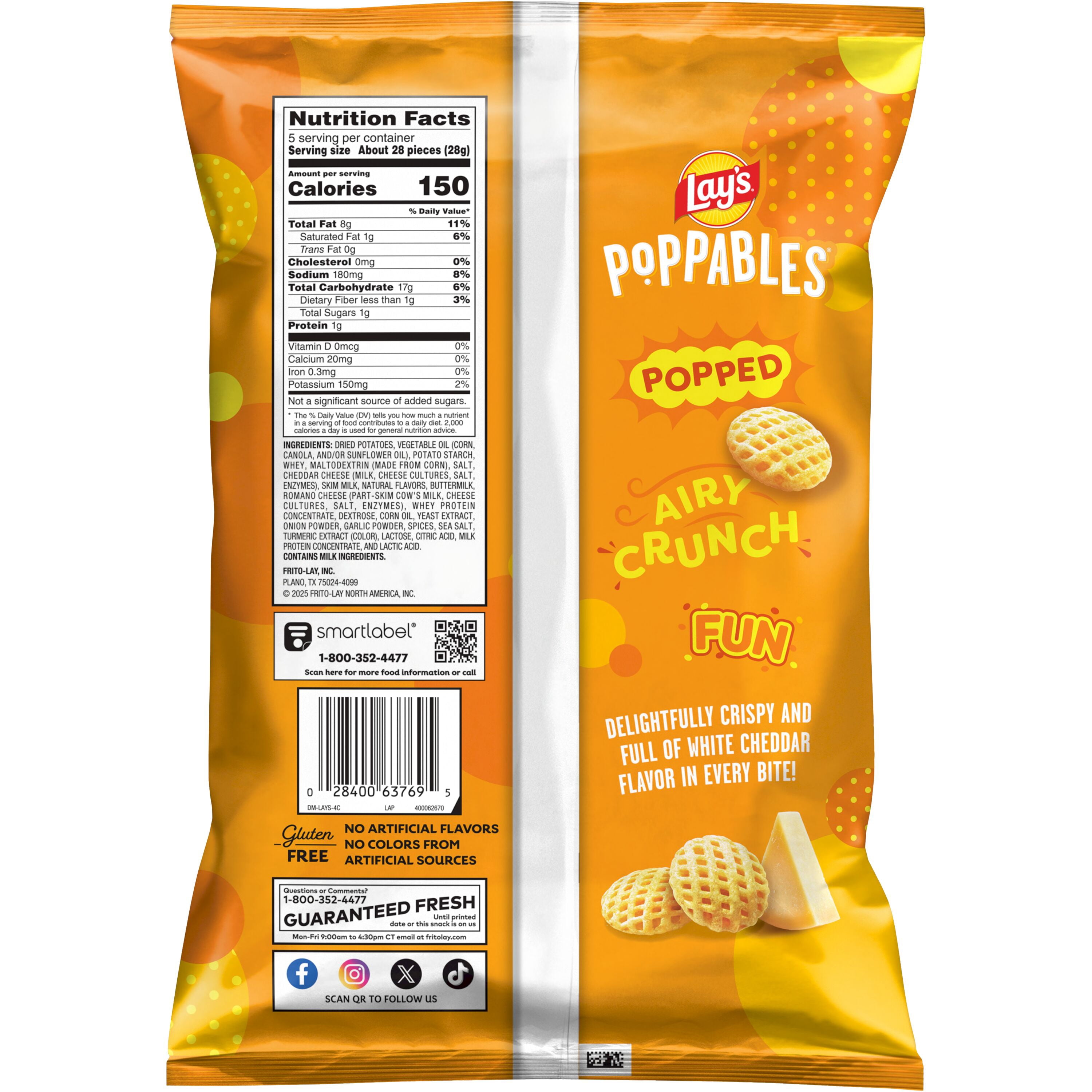 Lay's Poppables White Cheddar Flavored Potato Snack Chips, 5 Oz Bag