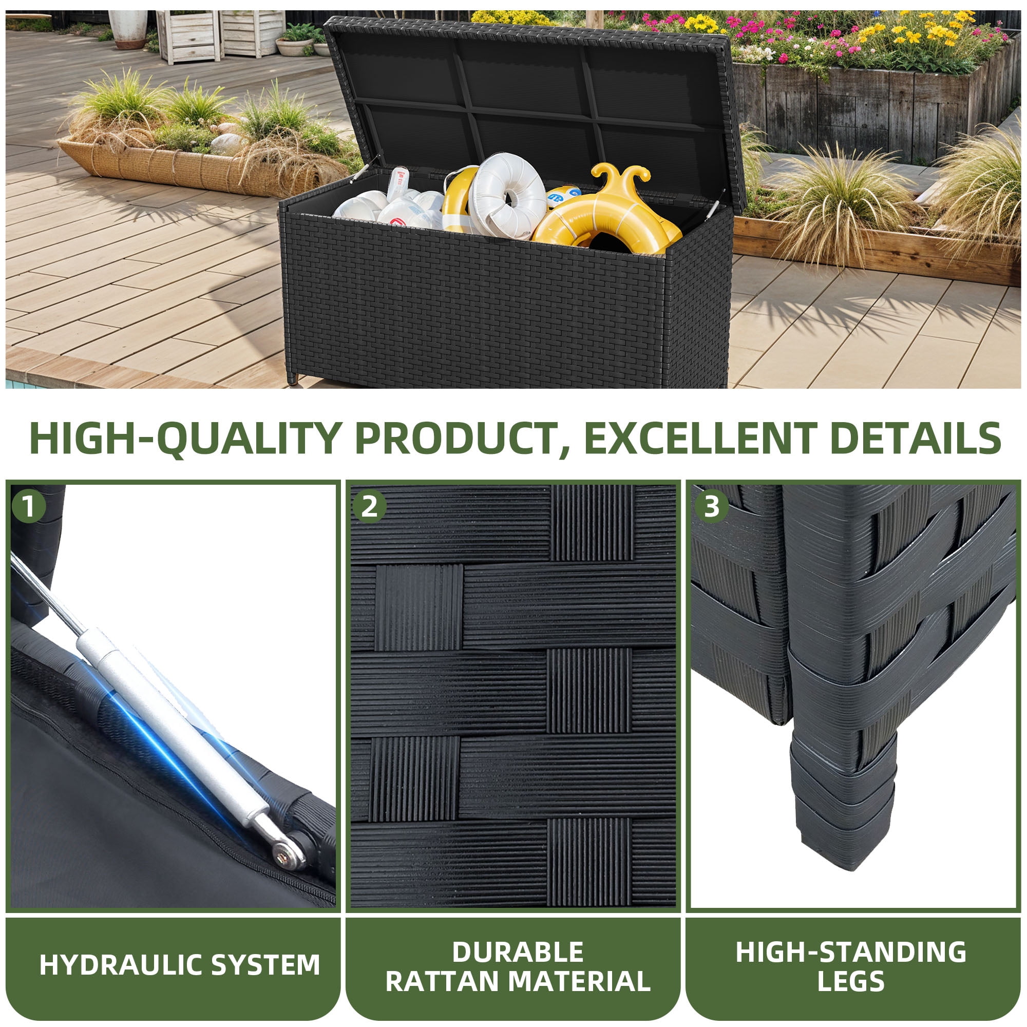 Uforic 260-Gallon Wicker Outdoor Deck Boxes with Waterproof Liner Bag, Rattan Storage Bin, Large Storage Deck Box - Black