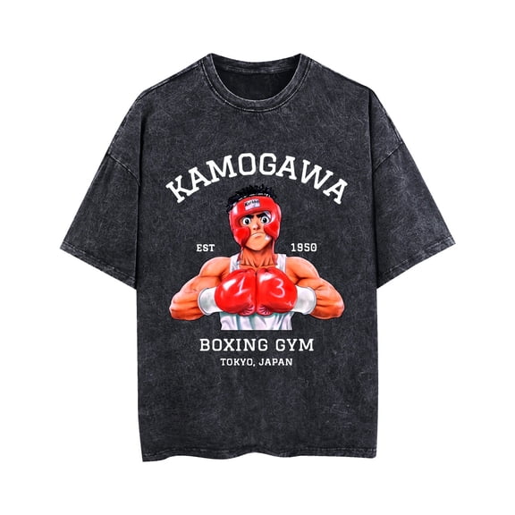 AMEDRXQ Anime Hajime No Ippo Kamokawa Boxing Washed Retro T-Shirt Crew Neck Pure Cotton Classic Short Sleeve
