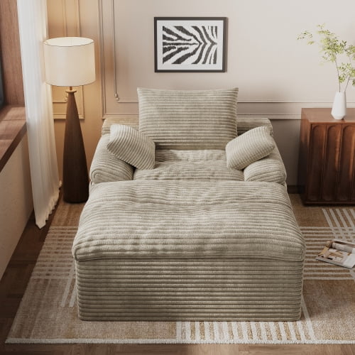 Leumius Oversized Chaise Lounge Chair Indoor,Corduroy Upholstered Sofa Bed with Deep Seat,Cozy Lounge Chair Sleeper Sofa for Living Room,Bedroom,No Assembly Required,Camel