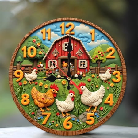 Farmhouse Hen Clock Wall Decor Rustic Country Chic 10-Inch Silent Wooden Wall Clock, Battery Operated (AA Batteries Not Included), Artistic Home Decor
