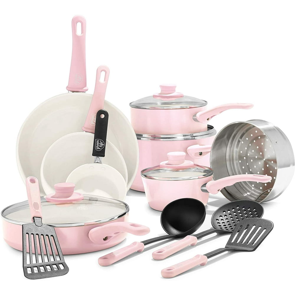 pink ceramic pots and pans