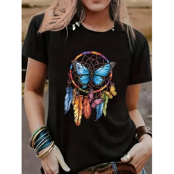 Women's Casual Butterfly Dreamcatcher Print T-Shirt - Soft Polyester, Machine Washable, Round Neck, Short Sleeve, & Bead Design, Spring/Summer/Fall Fashion