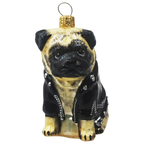 Pug Fawn in Motorcycle Jacket Polish Glass Christmas Ornament