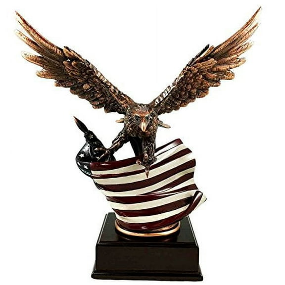 Flying Bald Eagle Hoisting The American Flag Bronze Electroplated Figurine With Base Resin Statue