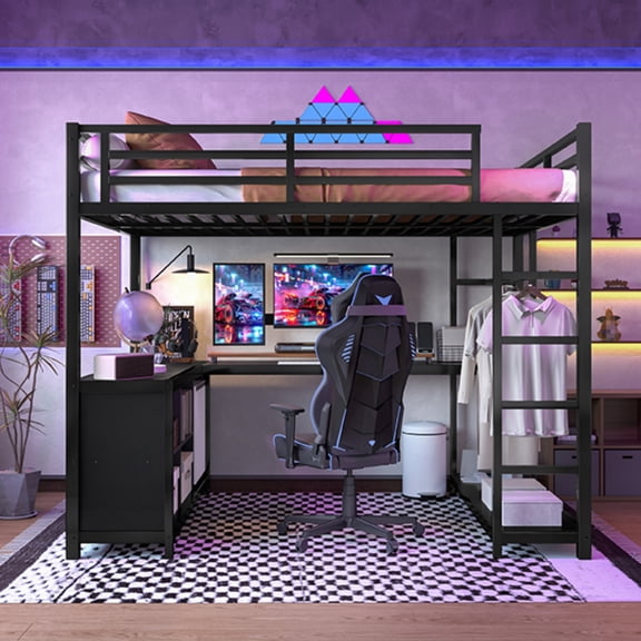 Queen Size Loft Bed with Desk, Gaming Loft Bed with Wardrobe & Storage, Metal Loft Bed Frame for Teens Adults, Space Saving Bed for Gaming Room & Dorm, Black