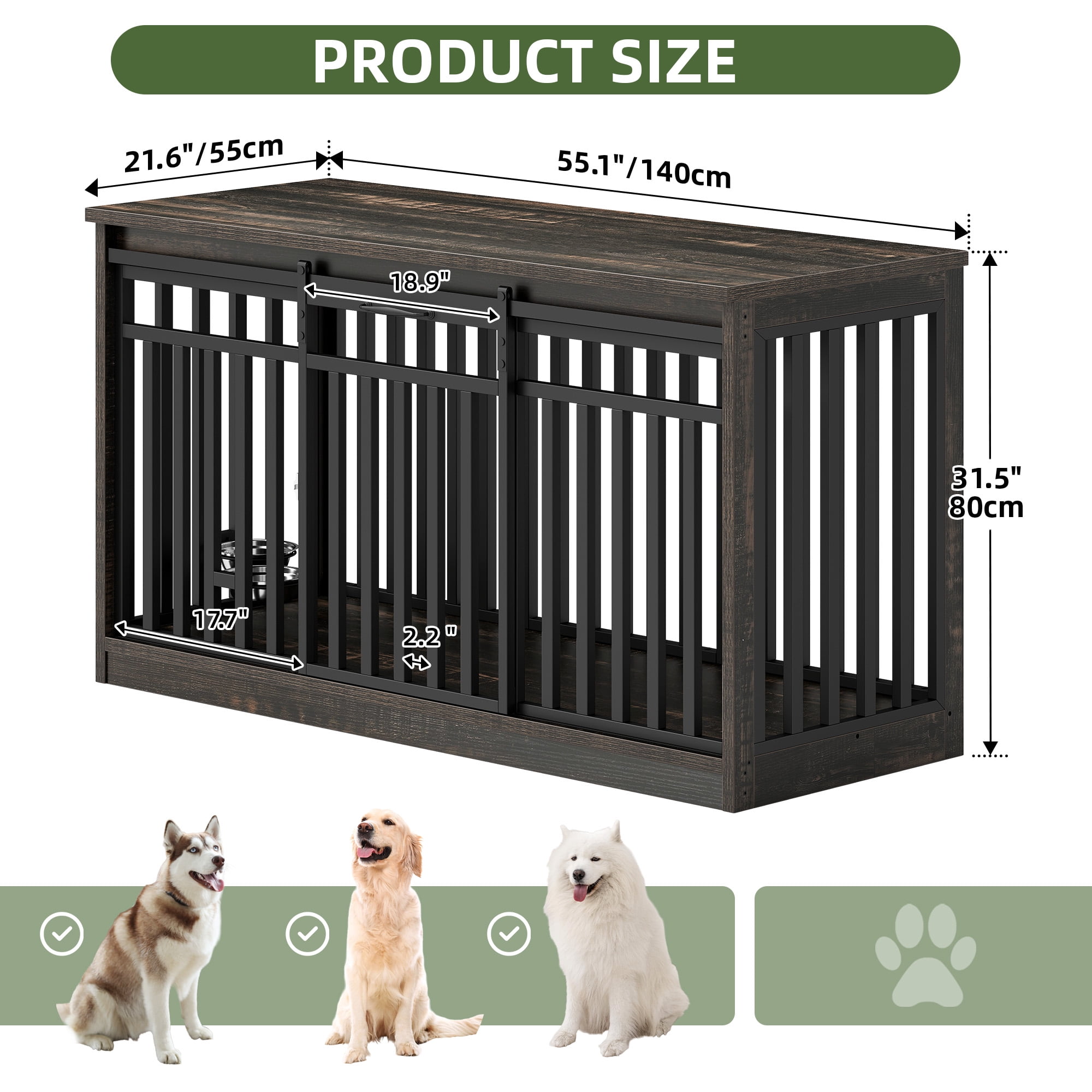 Uforic 55.1 Inch Dog Crate Furniture for Large Dogs,Indoor Furniture Style Wooden Large Dog Kennel TV Stand Sliding Doors -Black Oak