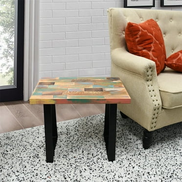 Reclaimed Wood Side Table with Carving Small Rectangular End Table