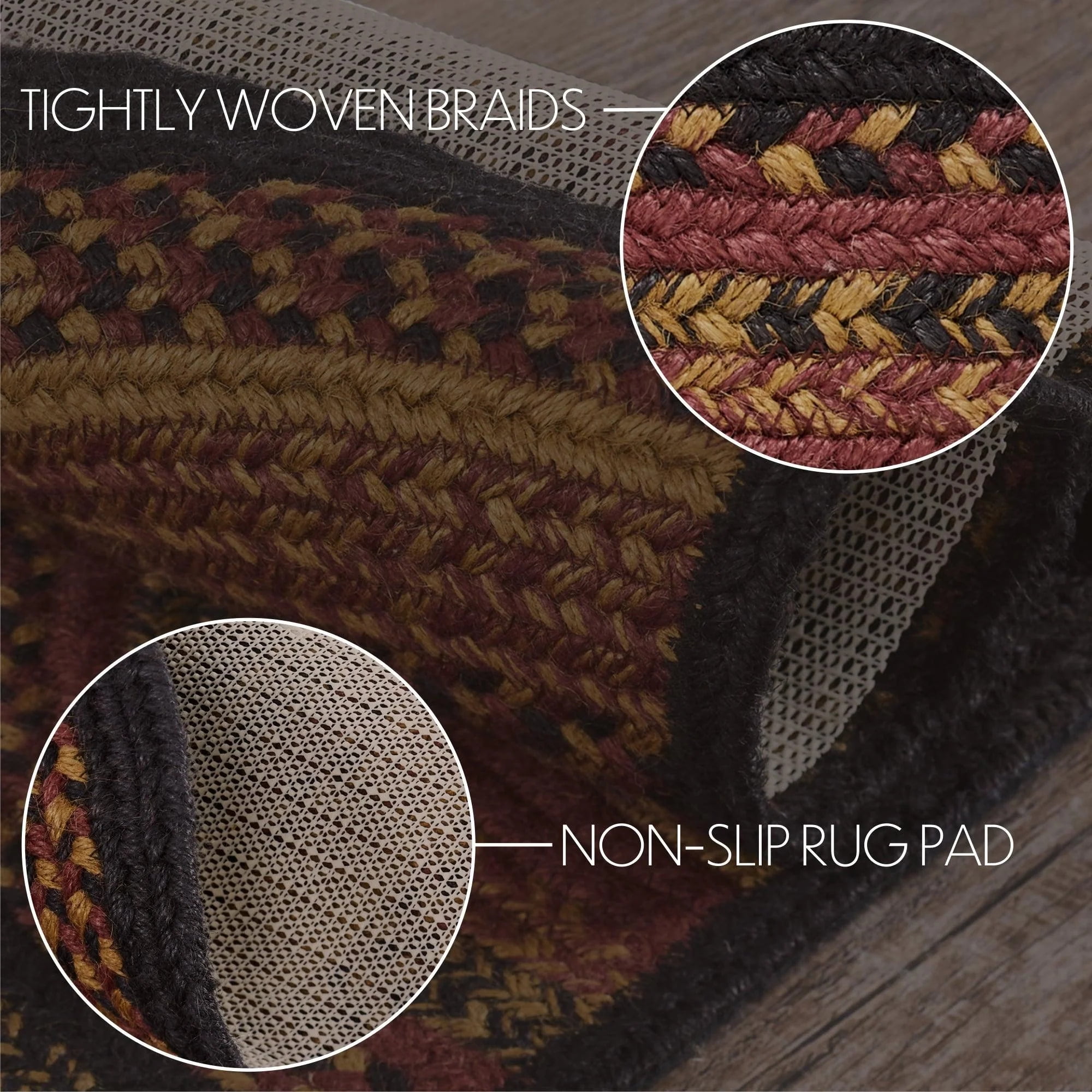 VHC Brands Heritage Farms Braided Jute Rug, Non-Skid Pad, Half Circle Door Mat, Red Black Tan. 16.5x34