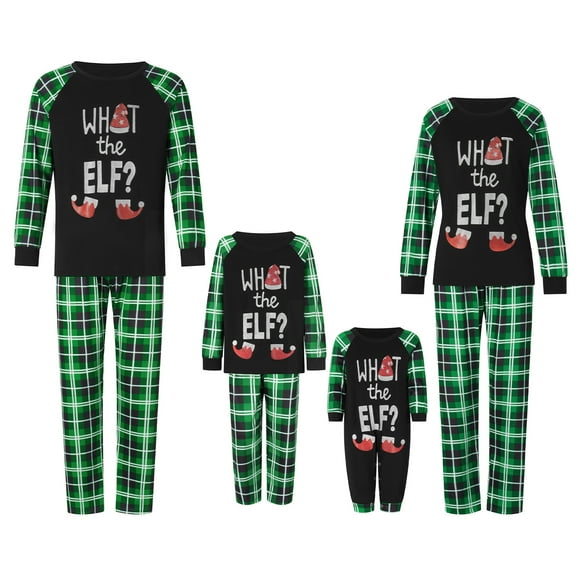 Family Matching Christmas Pajamas, Elf Letter Print Long-Sleeved Tops Plaid Pattern Trousers Glow at Night Sleepwear