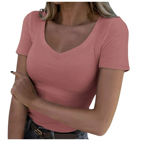 Povozer Women Summer Crew Neck Short Sleeve T-Shirts Ribbed Knit Slim Fitted Casual Basic Top(Pink,L)