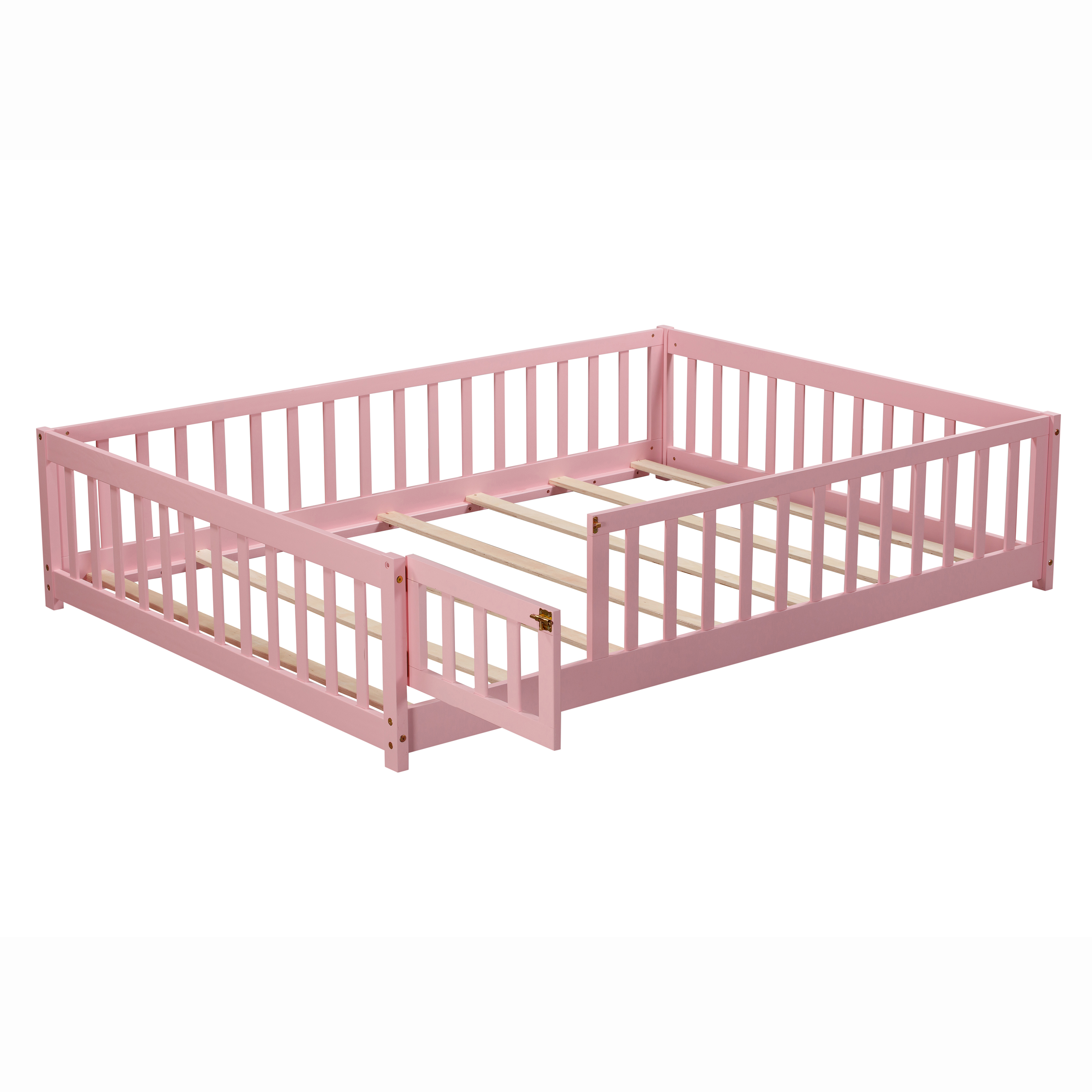 Miniyam Full Size Floor Bed with Guardrails and Door for Kids, Pink