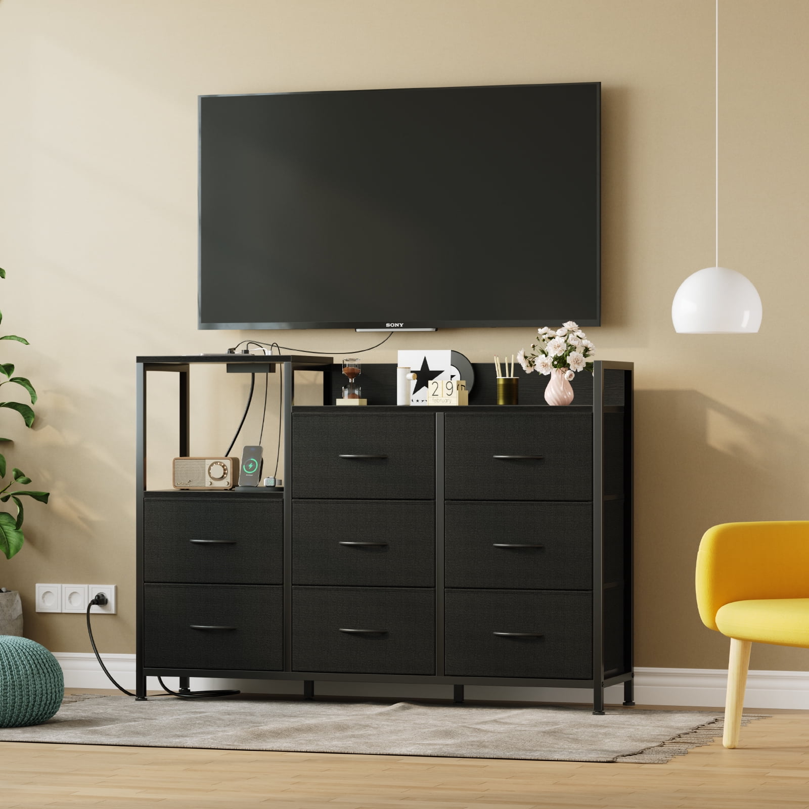 EDX 8 Drawer Dresser TV Stand, with Power Outlets and Open Shelves, for Bedroom and Living Room, Black