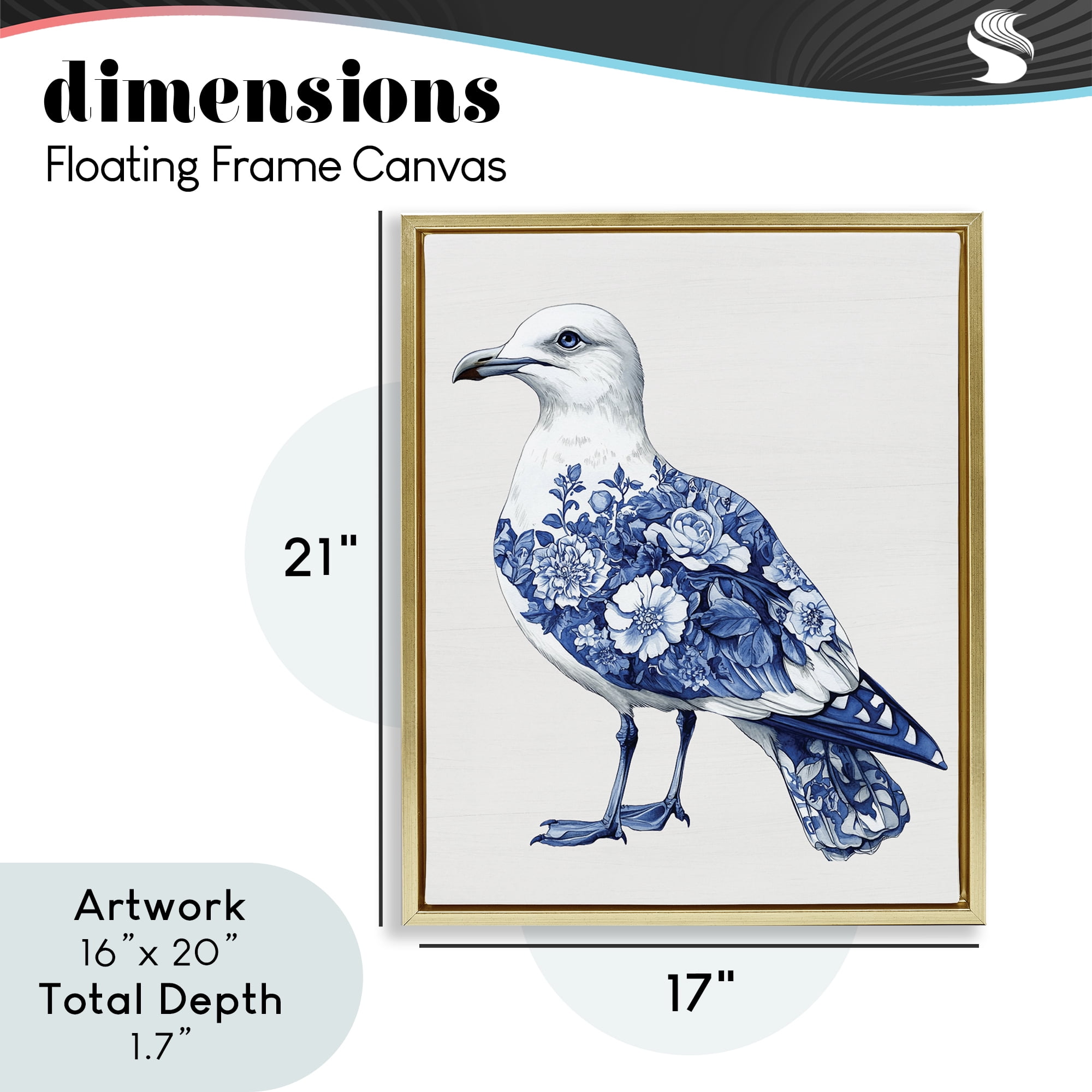 Funky Toile Seagull Gold Framed Floater Canvas Wall Art, design by Lettered and Lined