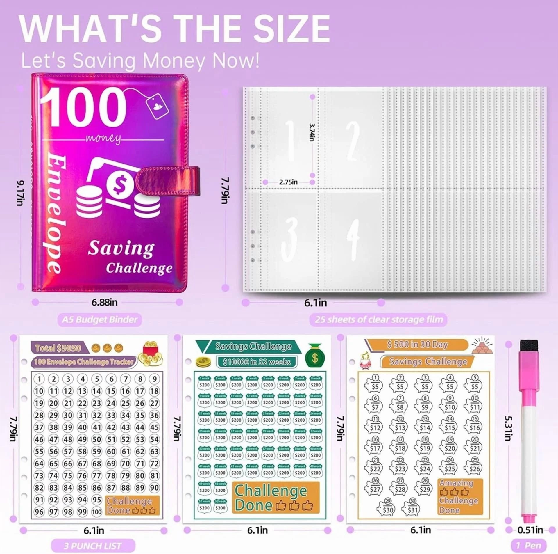 CIRCLE- 100 Envelopes Money Saving Challenge Binder, A5 Money Saving Book, Free Shipping