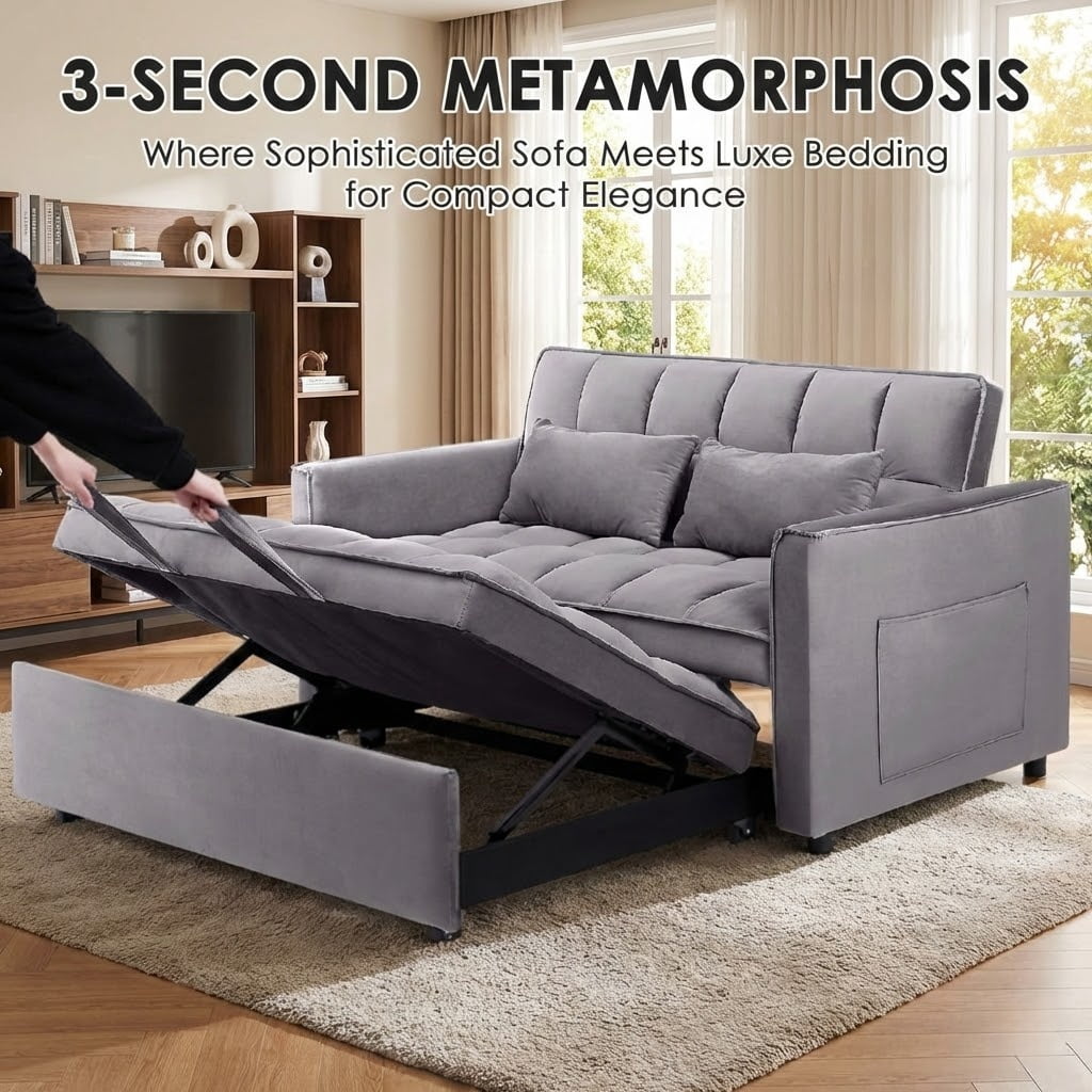 Xiweot Convertible Sleeper Sofa Bed, 55" Pull Out Couch with Side Pockets, 3 in 1 Velvet Loveseat Sofa with Adjustable Backrest for Living Room Bedroom Apartment (Dark Gray)